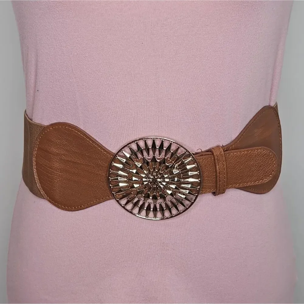 Elastic Belt with Gold Toned Buckle and Faux Leather